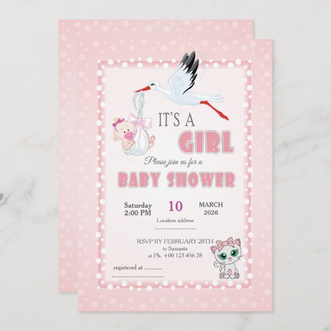 Invitación Cute Baby Shower Invitation - it is a girl! (Anverso / Reverso)