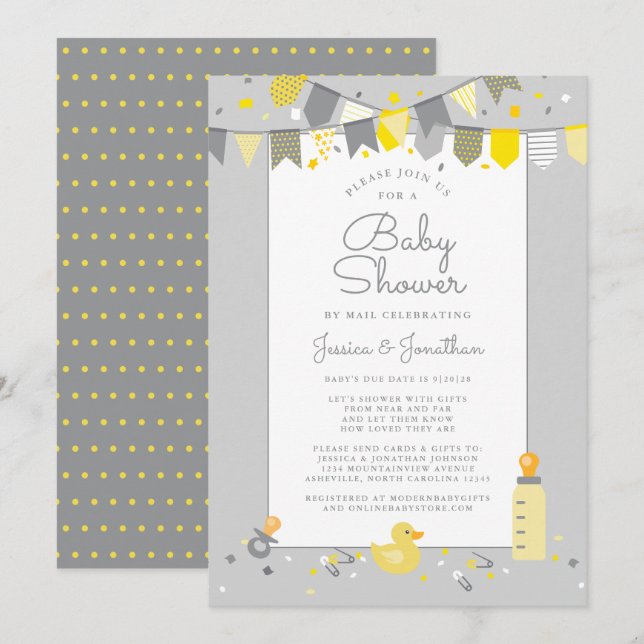 Invitación Cute Baby Shower Por Correo Gris Amarillo Moderno (Anverso / Reverso)