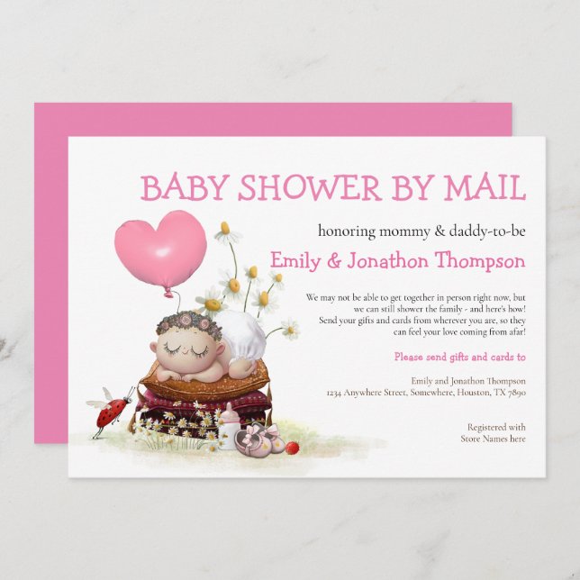 Invitación Cute Baby Shower Por Correo Ladybird Flowers (Anverso / Reverso)