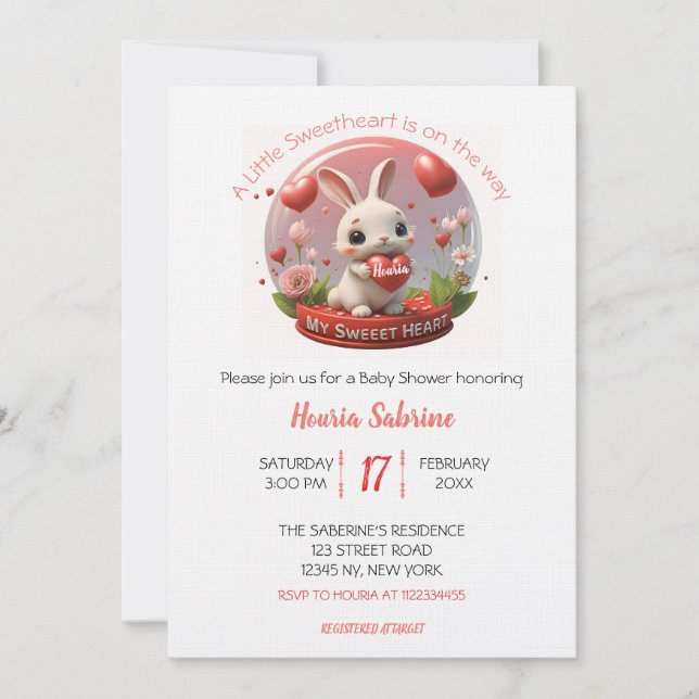 Invitación Cute Baby Shower Rabbit Sweetheart Valentine (Anverso)