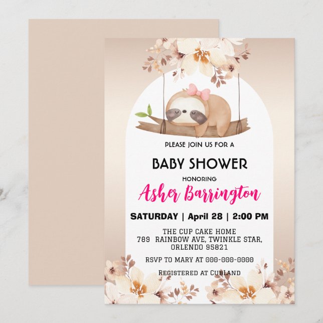 Invitación Cute Baby Sloth rosa de oro flor de bebé fiesta de (Anverso / Reverso)