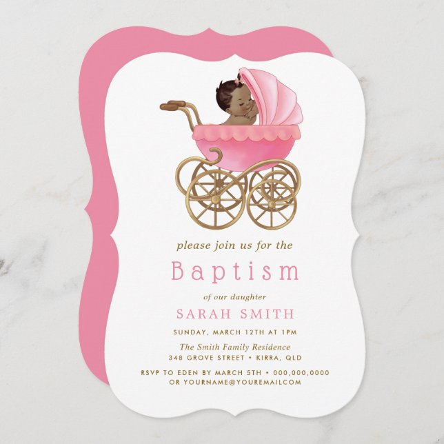 Invitación Cute Baby Stroller Pram Baptismo Rosa Christening (Anverso / Reverso)