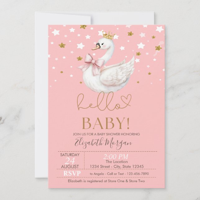 Invitación Cute Baby Swan Stars Baby Shower (Anverso)