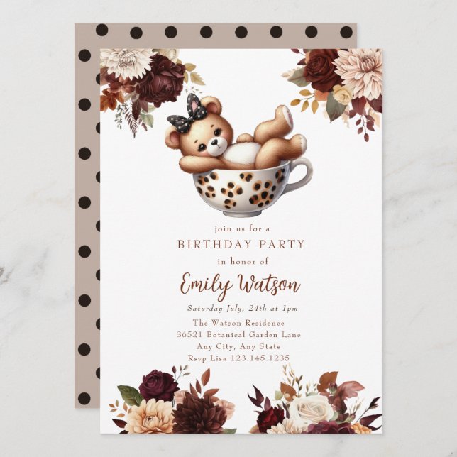 Invitación Cute Baby Teddy Bear | Fiesta del té de cumpleaños (Anverso / Reverso)