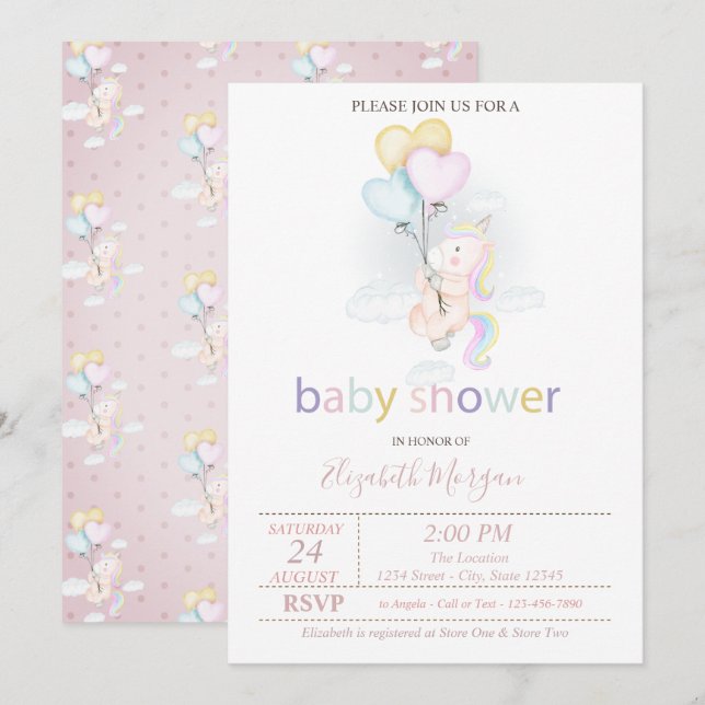 Invitación Cute Baby Unicorn Balloons Baby Shower (Anverso / Reverso)