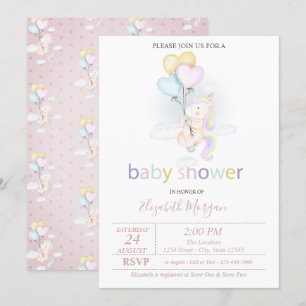 Invitación Cute Baby Unicorn Balloons Baby Shower