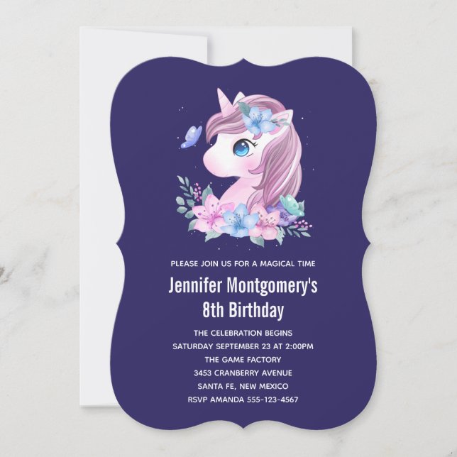 Invitación Cute Baby Unicornio Magnífico acuarela Cumpleaños (Anverso)