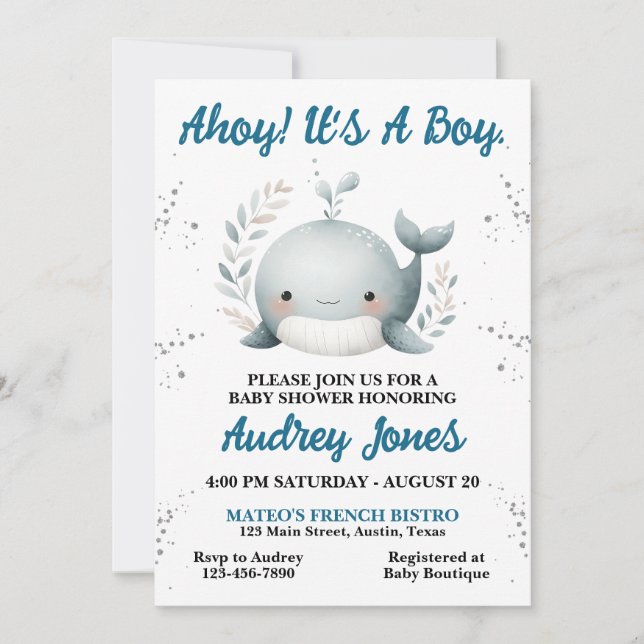 Invitación Cute Baby Whale Nautical Ahoy Baby Shower (Anverso)