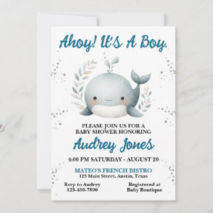 Invitación Cute Baby Whale Nautical Ahoy Baby Shower