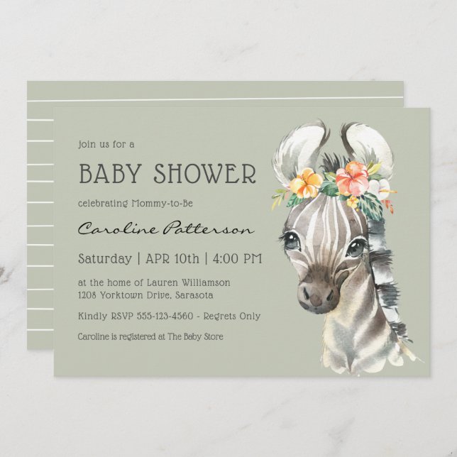 Invitación Cute Baby Zebra Sexo Neutral Baby Shower (Anverso / Reverso)