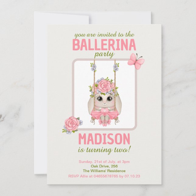 Invitación Cute bailerina conejita chica cumpleaños floral ro (Anverso)