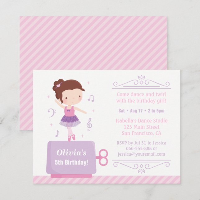 Invitación Cute Ballerina Chica Music Box Fiesta de cumpleaño (Anverso / Reverso)