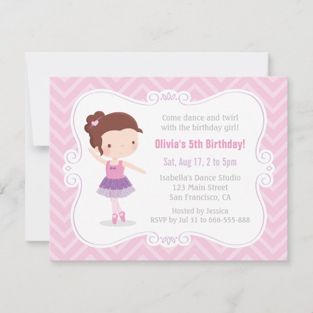 Invitación Cute Ballerina Chica Pink Chevron Fiesta de cumple (Anverso)