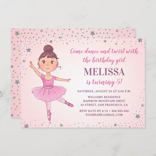 Invitación Cute Ballerina Estrellas de Plata Rosa Chica Cumpl (Anverso / Reverso)