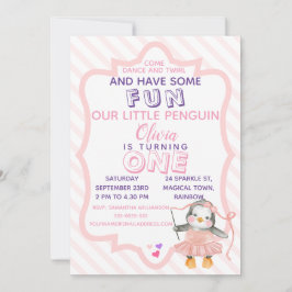 Invitación Cute Ballerina Penguin Pink 1er cumpleaños Invitac