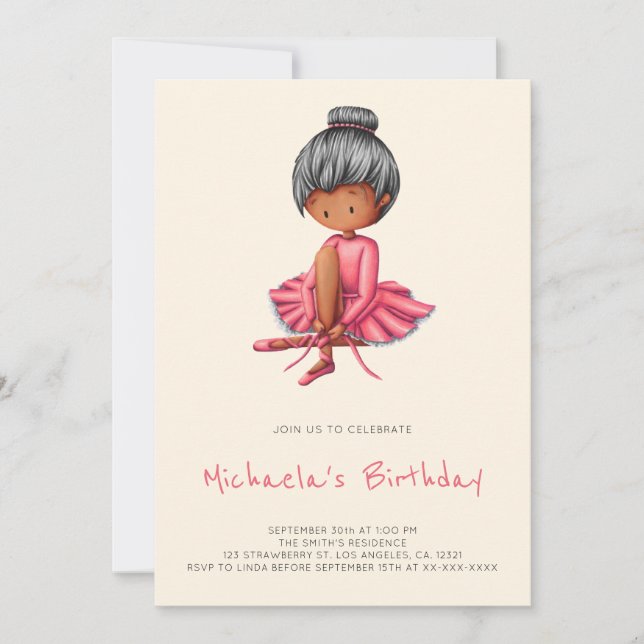 Invitación Cute Ballerina Pink Tutu Black Girl Birthday (Anverso)