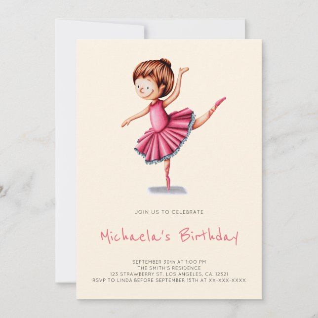 Invitación Cute Ballerina Pink Tutu Dance Chica Cumpleaños (Anverso)