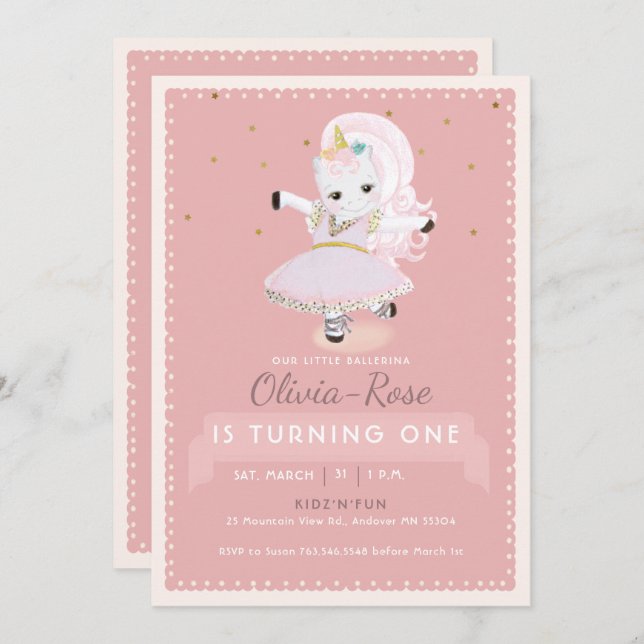 Invitación Cute Ballerina Unicorn Dusty Chica Rosa Cumpleaños (Anverso / Reverso)