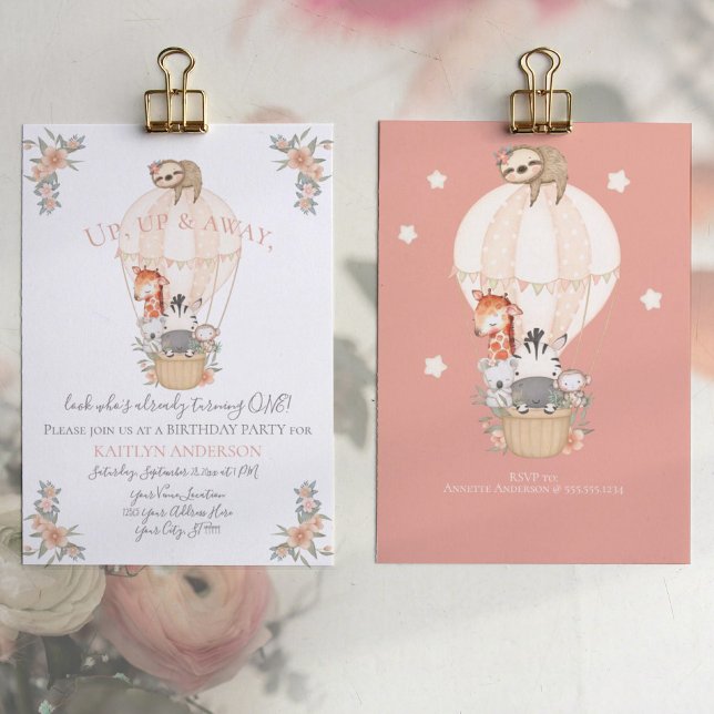 Invitación Cute Balloon Giraffe Sloth 1st Birthday Party Girl (Subido por el creador)