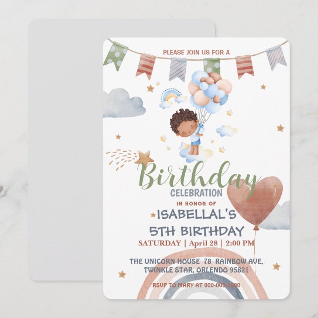 Invitación Cute Balloon Niños afroamericanos Fiesta de cumple (Anverso / Reverso)