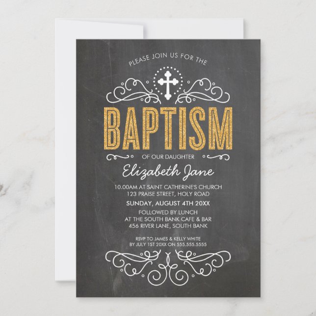 Invitación CUTE BAPTISM elegante purpurina de oro tipo pizarr (Anverso)
