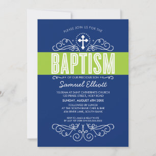 Invitación CUTE BAPTISM elegantes remolinos negrita azul mari