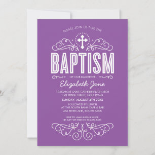 Invitación CUTE BAPTISM elegantes remolinos negrita violeta v