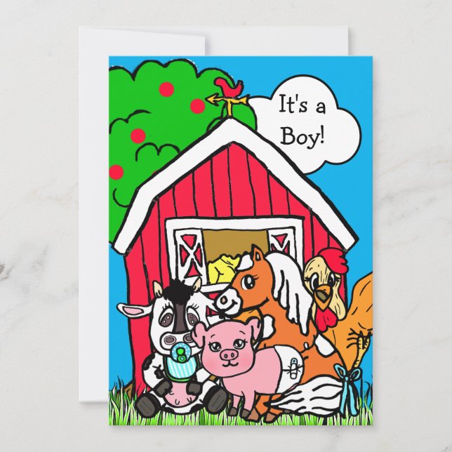 Invitación Cute Barn Yard Animales Granja Temática Baby Showe (Anverso)