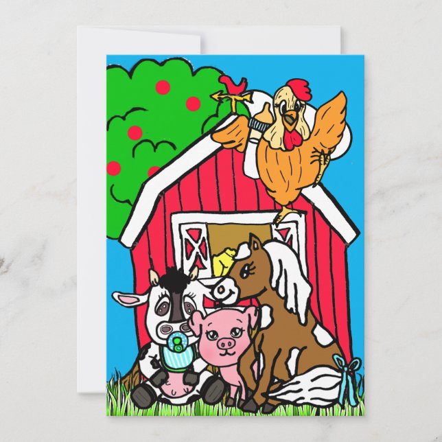 Invitación Cute Barn Yard Animales Granja Temática Baby Showe (Anverso)