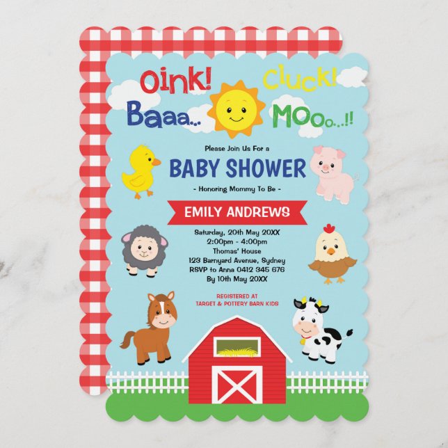 Invitación Cute Barnyard Farm Animals Baby Shower (Anverso / Reverso)
