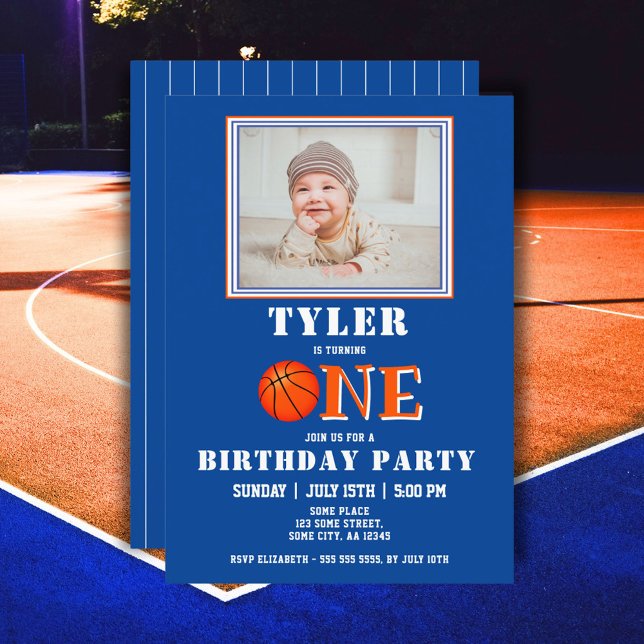 Invitación Cute Basketball Blue Photo One First Birthday (Subido por el creador)