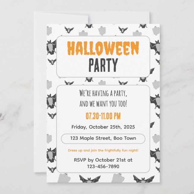 Invitación Cute Bat and Ghost Halloween Invitation. (Anverso)