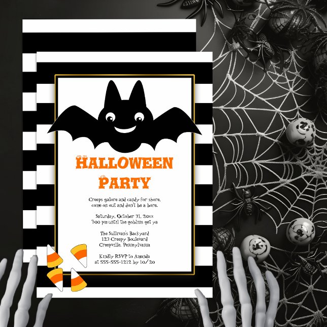 Invitación Cute Bat BW Stripes Candy Corn Halloween Party Inv (Cute Bat Black and White Stripes Candy Corn Halloween Party Invitation -- Print | Digital Download)