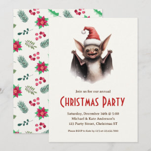 Invitación Cute Bat Santa Hat Red Poinsettias Navidades Fiest