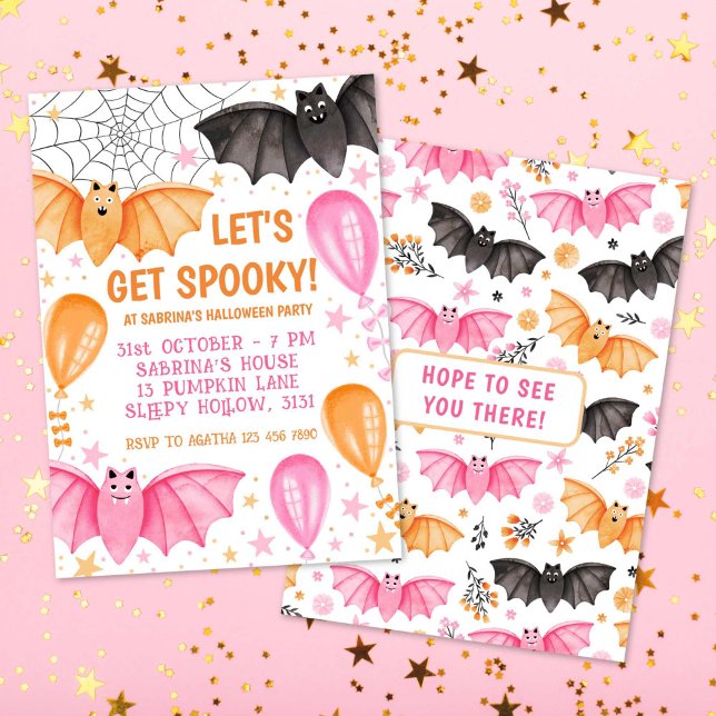 Invitación Cute Bats y globos Pastel Halloween (Cute Bats and Balloons Pastel Halloween Invitation)