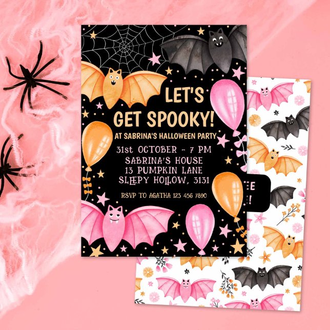 Invitación Cute Bats y globos Pastel Halloween (Cute Bats and Balloons Pastel Halloween Invitation)