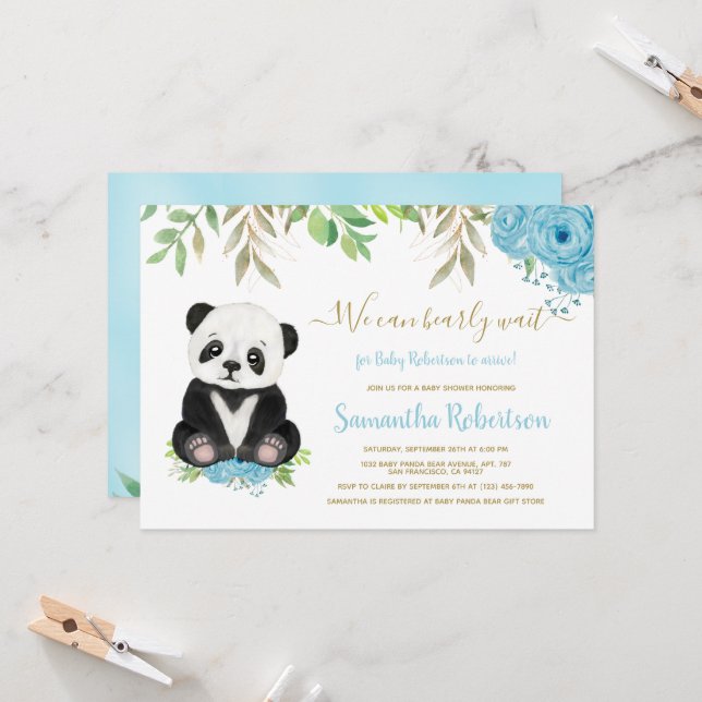 Invitación Cute Bear acuarela Azul vegetación Boy Baby Shower (Anverso/Reverso In Situ)