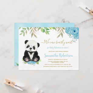 Invitación Cute Bear acuarela Azul vegetación Boy Baby Shower