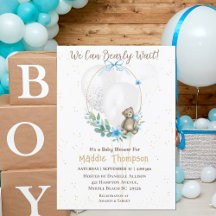 Cute Bear Blue Floral Wreath Boys Baby Shower Inv
