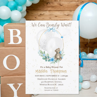 Invitación Cute Bear Blue Floral Wreath Boys Baby Shower Inv