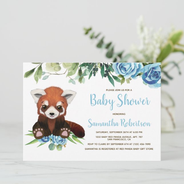 Invitación Cute Bear Blue Green Floral Boy Baby Shower (Anverso de pie)