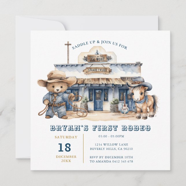 Invitación Cute Bear Boy Mi primer Rodeo Salvaje Cumpleaños O (Anverso)