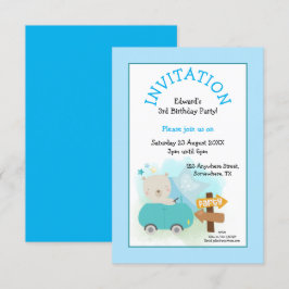 Invitación Cute Bear Car Boy 3 cumpleaños Fiesta Azul