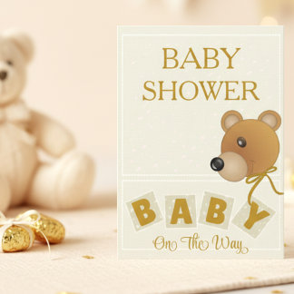 Invitación Cute Bear Cream & Gold Baby Shower Invitation