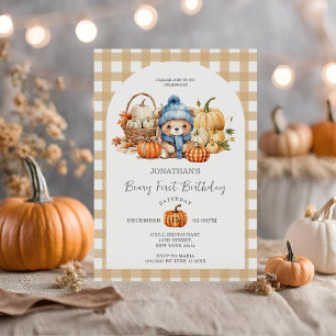 Invitación Cute Bear Gingham Pumpkin - Beary First Birday