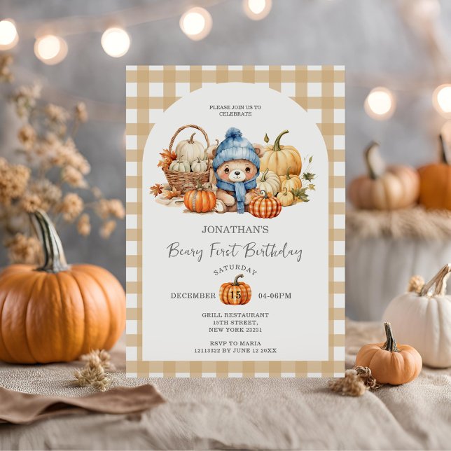Invitación Cute Bear Gingham Pumpkin - Beary First Birday (Subido por el creador)