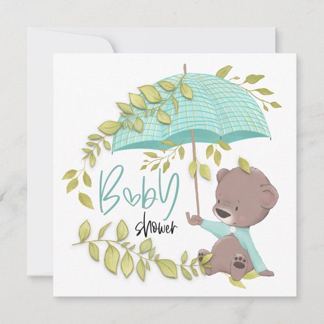 Invitación Cute Bear paraguas Botánico Boy Baby Shower (Anverso)