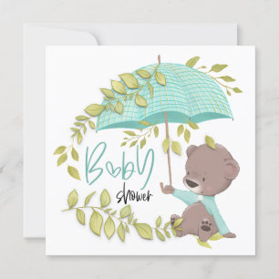 Invitación Cute Bear paraguas Botánico Boy Baby Shower