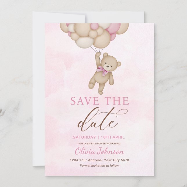 Invitación Cute Bear Pink Save the Date (Anverso)