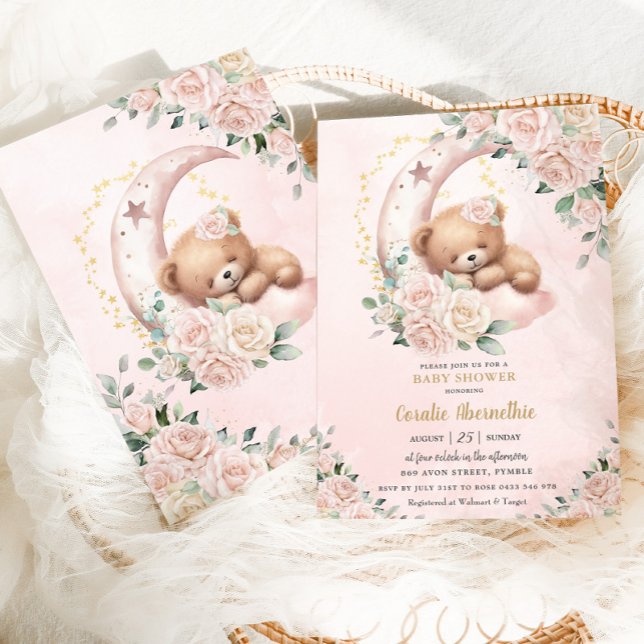 Invitación Cute Bear Rubor Ivory Floral Chica Baby Shower (Subido por el creador)